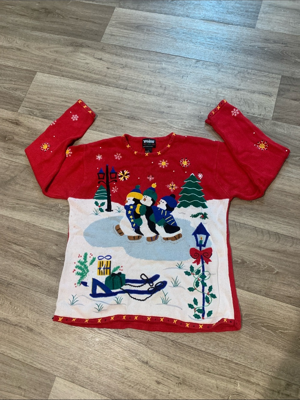 Studio Red Holiday Penguin Sweater with Snow Scene
